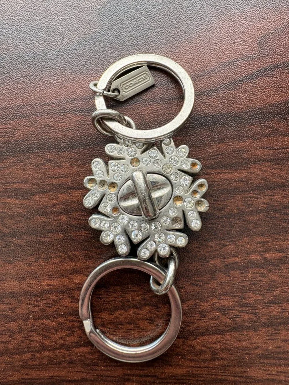 COACH Vintage Silver Crystal Snowflake Turnlock Detachable Valet Keychain Charm